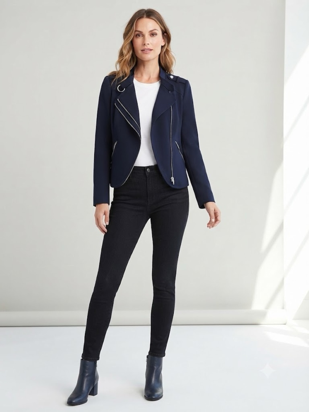 White House Black Market Navy Blue Asymmetrical Zip Moto Jacket Size 12